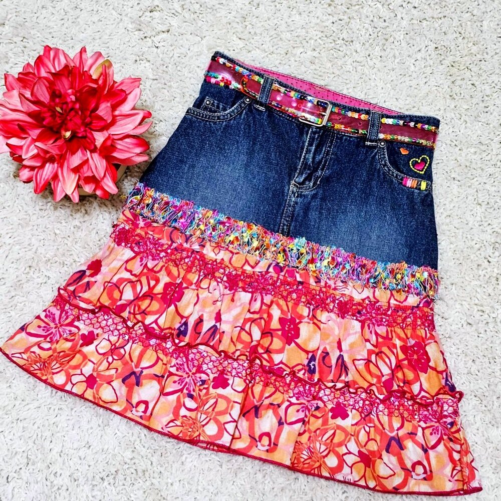 Skirt. Denim. Pink Orange Purple Floral Multi. Upcycled. Girls Size 6. GUC.